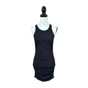 TNA Aritzia Chill Malibu Black Mini Dress Ruched Bodycon Stretch Cotton Medium